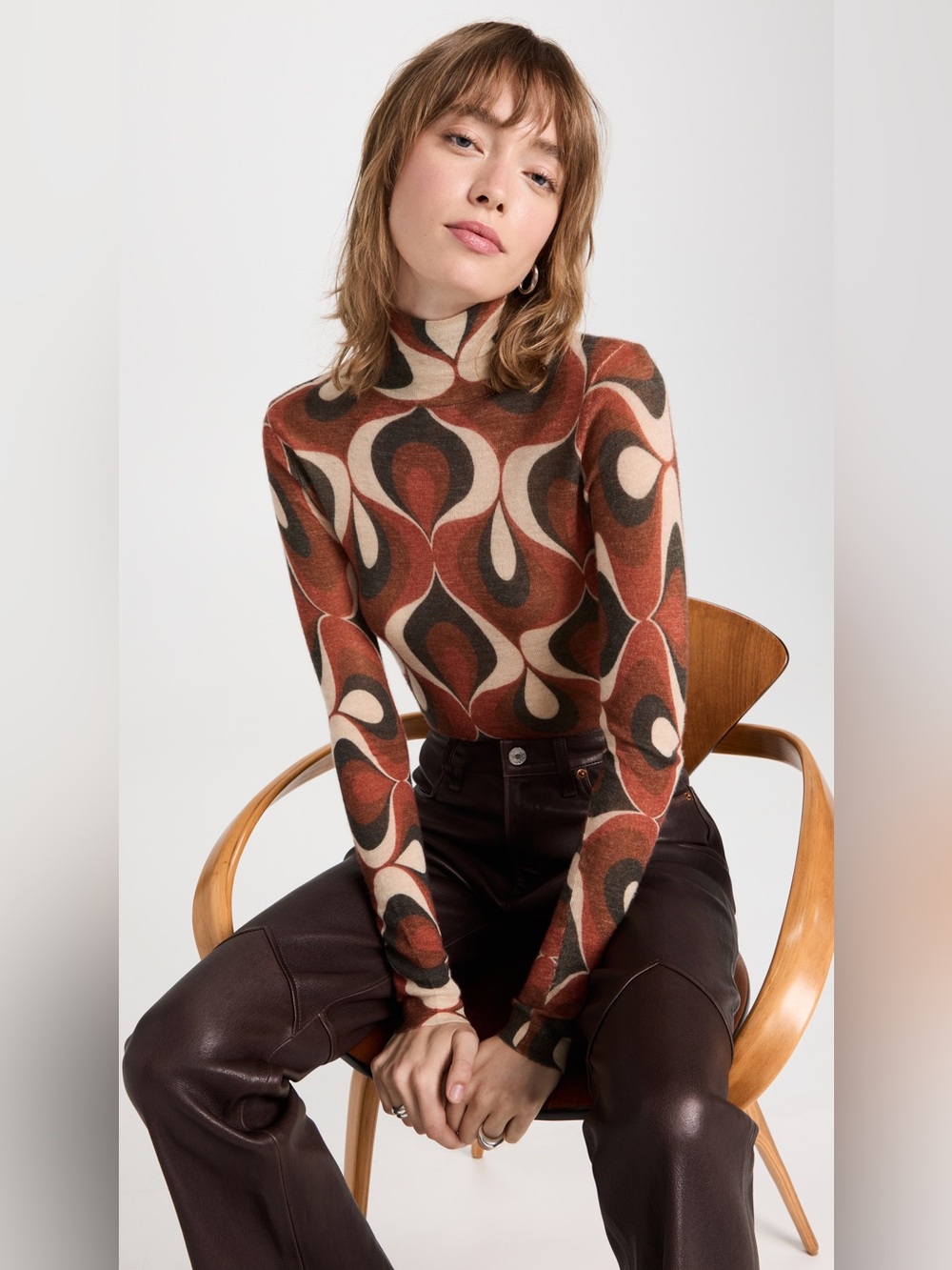 Autumn Cashmere Retro Geometric Sheer Mock Cashmere Sweater in Rust & Brown